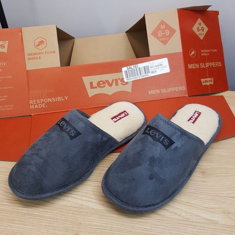 LEVI'S Slide Slippers Mens Size 8 - 9 Gray Microsuede Sherpa Lined Plush Comfort
